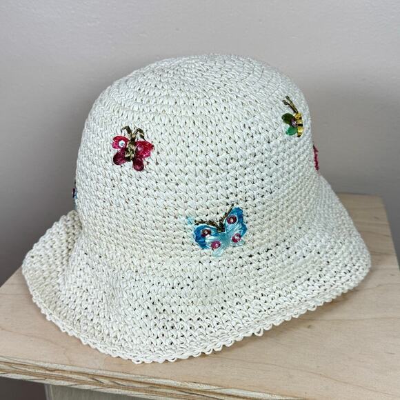 Vtg Y2K 90s Women’s Bucket Hat Straw Woven Butterfly Embellishment Cottage - Picture 1 of 6